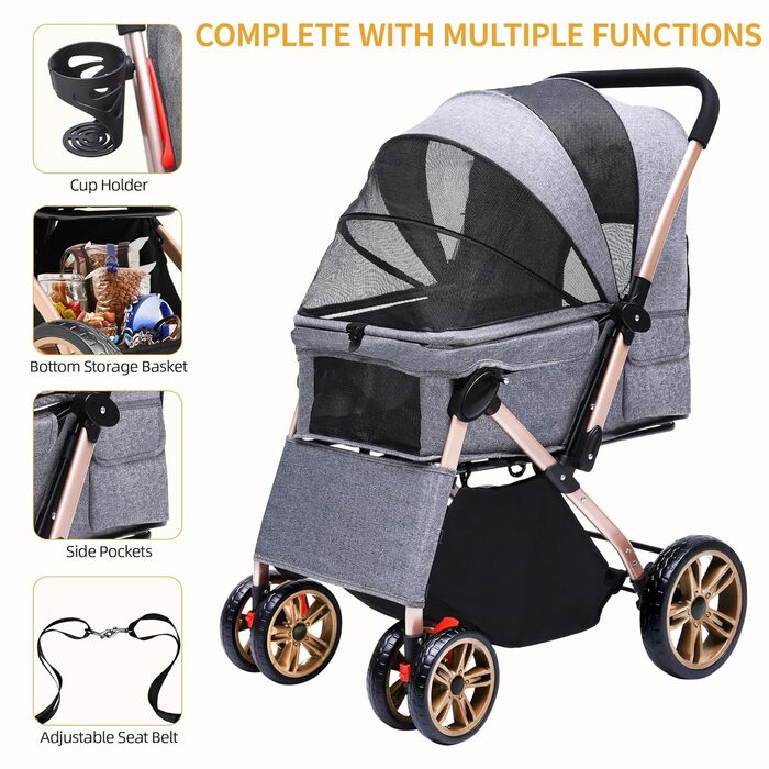 Візок для собак DWVO 3-в-1: візок, переноска, сумка для собак, до 22 кг, сірий (58.5x76x105 см)