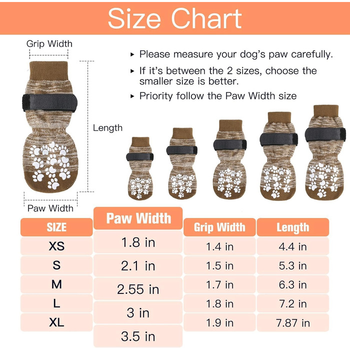 Шкарпетки для собак EXPAWLORER проти слизькості, захист лап, для гарячих доріг, для цуценят, маленьких, середніх, великих собак, 6 шт. (X-small, Коричневий)