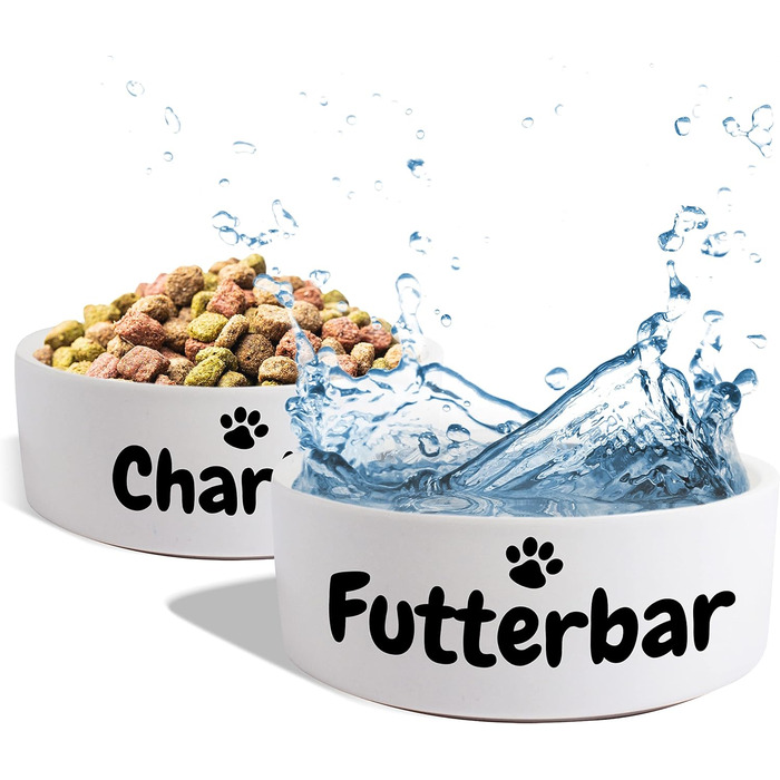 Керамічний подвійний набір мисок з іменем або текстом для собак та котів - персоналізований набір мисок з/без підставки | миска для собак, миска для корму, годівниця | великі та маленькі тварини, годівниця (2x500мл)