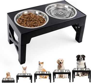 Підвищена годівниця для собак та котів, регульована висота, з нержавіючої сталі, 2 миски, чорна