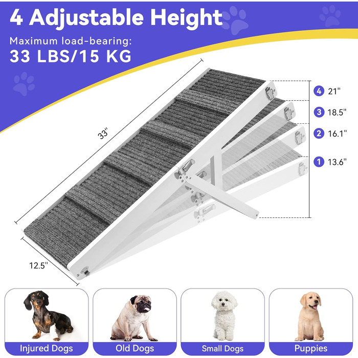 Рампа для собак Pawaboo, дерев'яна сходинка для домашніх тварин, 4 регульовані висоти (13,6'-21'), для маленьких собак та котів, з антиковзним покриттям, (80x30 см, білий)