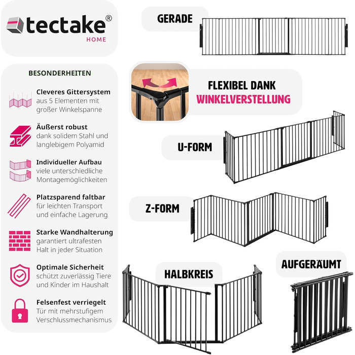 Захисне ґратка для каміну Tectake: металевий захист, огорожа, дитяче ґратка, роздільник кімнати, 5 елементів, з замком, чорний 289 см