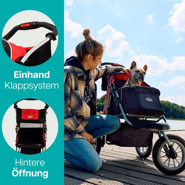 Візок для собак Innopet Comfort EFA Eco чорний/червоний – розкладний візок для собак та котів, підходить для лісу та пляжу, з великими колесами 30см, вантажопідйомність 25кг, з повідками