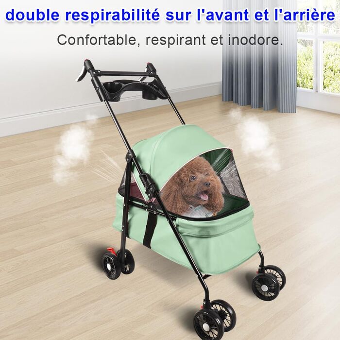 Дитяча коляска для собак та котів OHMG 3 в 1, зелена, складна, з 4 EVA-колесами, ручка, 3 вікна з сітки, тримач для напоїв, для маленьких та літніх собак, тролей для людей з обмеженими можливостями (50 x 70 x 95 см)