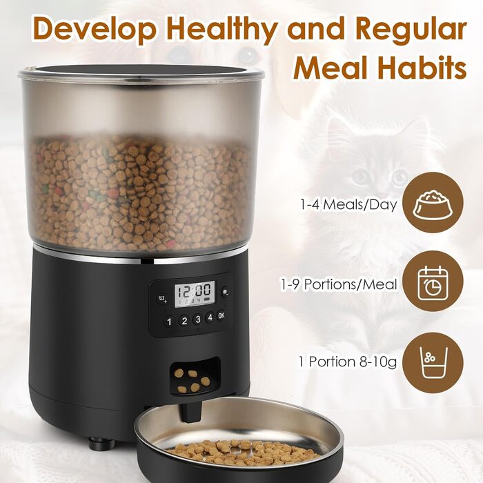 Автоматичний годівник для котів Apritsce 4L з нержавійною чашею та таймером, 1-4 прийоми їжі на день