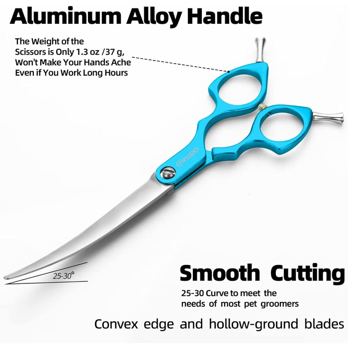 Професійна вигнута ножиця для грумінгу собак 16,5 см, 440C, нержавіюча сталь, легкий алюмінієвий руків'я (вигнута, блакитна)