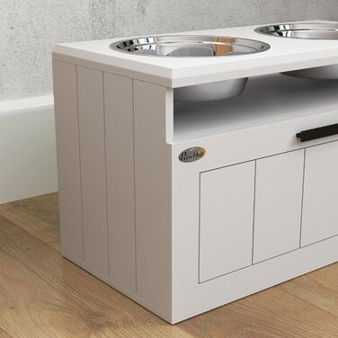 Станція для годування собак PawHut з піднятою мискою, повільною годівницею та 2 мисками з нержавіючої сталі, ящик для зберігання 25л, для великих та екстра-великих собак, білий колір