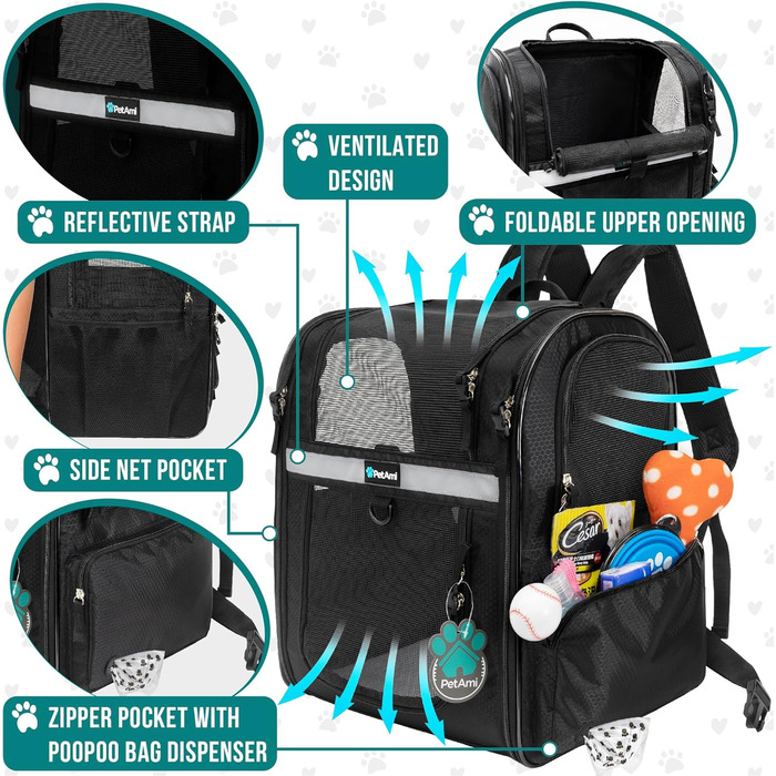 Рюкзак для котів та собак PetAmi Medium, чорний, з вентиляцією, для подорожей та перевезення в літак