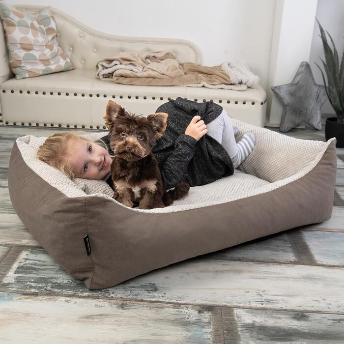 М'яке ліжко для собак Teo 80x60 см, знімний чохол, коричнево-бежеве, 80 x 60 x 20 см
