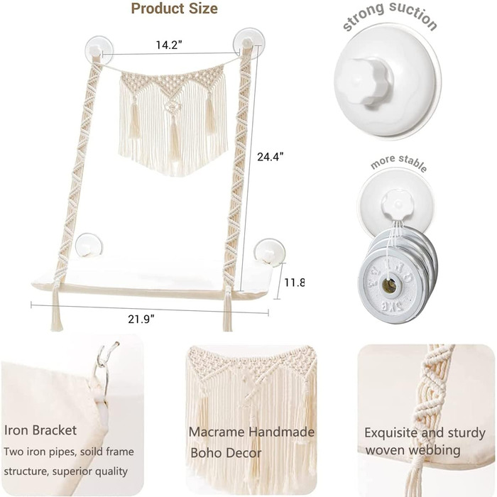 Кішка-гойдалка на вікно Dahey, гамак для котів з макраме, бохо-кріплення на стіну, зручне ліжко для котів, економія місця, безпечне кріплення, витримує до 10 кг