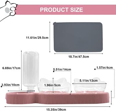 Набір мисок для котів та собак з диспенсером води, килимомком та лопаткою. Нахил 15°, миски для вологого та сухого корму, рожевий колір