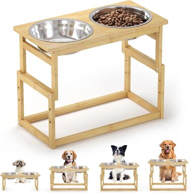 Підвищені годівниці для собак великих порід, бамбук, підставка з 2 великими мисками для води та корму, білий колір, об'єм 2.5л