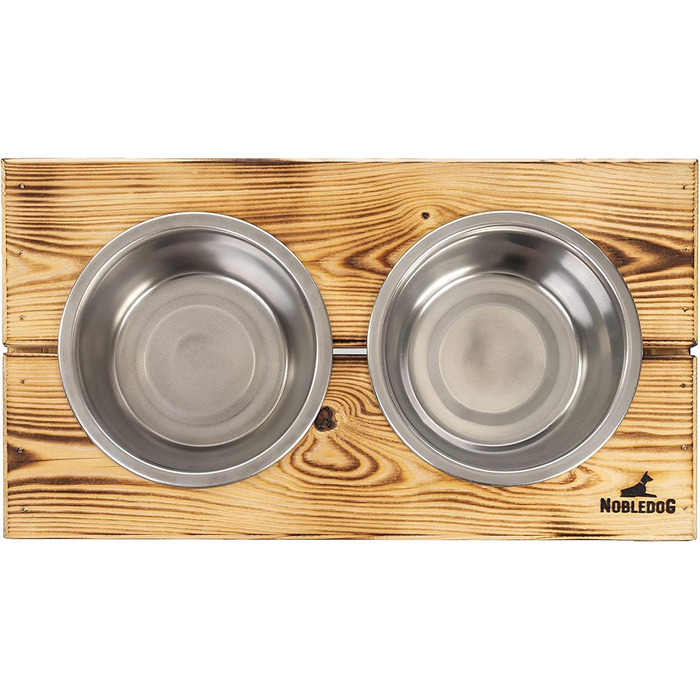 Миска для собак і котів Nobledog з кедрового дерева, станція для годування з двома мисками з нержавіючої сталі, об’єм 2×0,6 л