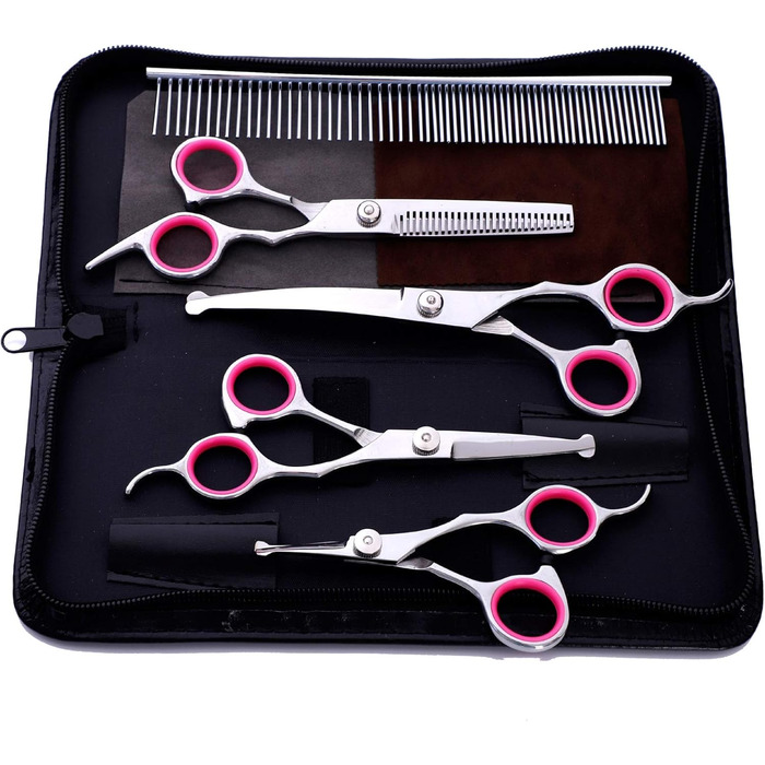 Набір професійних ножиць для грумінгу собак 9CR Edelstahl з безпечними закругленими кінчиками, тример для собак, котів та інших домашніх тварин, для стрижки, вирівнювання та проріджування шерсті, гребінець (рожевий)