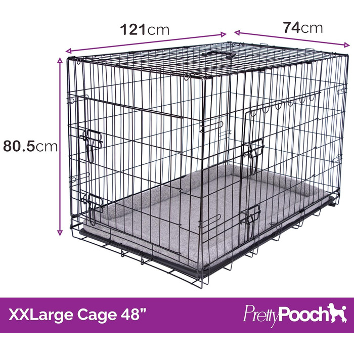 Металевий клітка Pretty Pooch для собак і котів XXL, складна, з піддоном, двома дверима та лежаком, 121,9 см