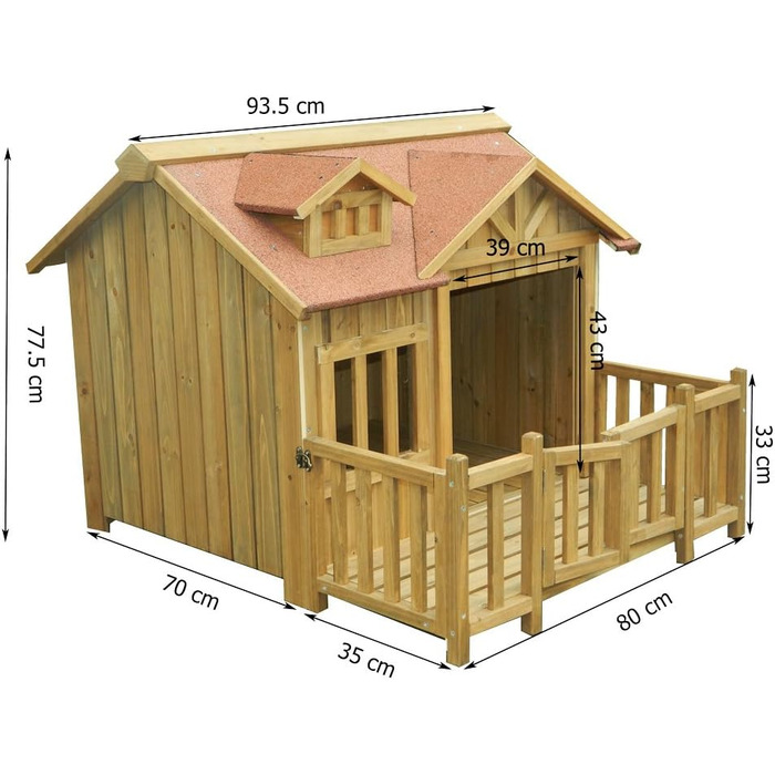 Будиночок для собаки Wiltec Luxus XL 93,5x77,5x70 см з верандою, дерев'яний, для вулиці (коричневий)