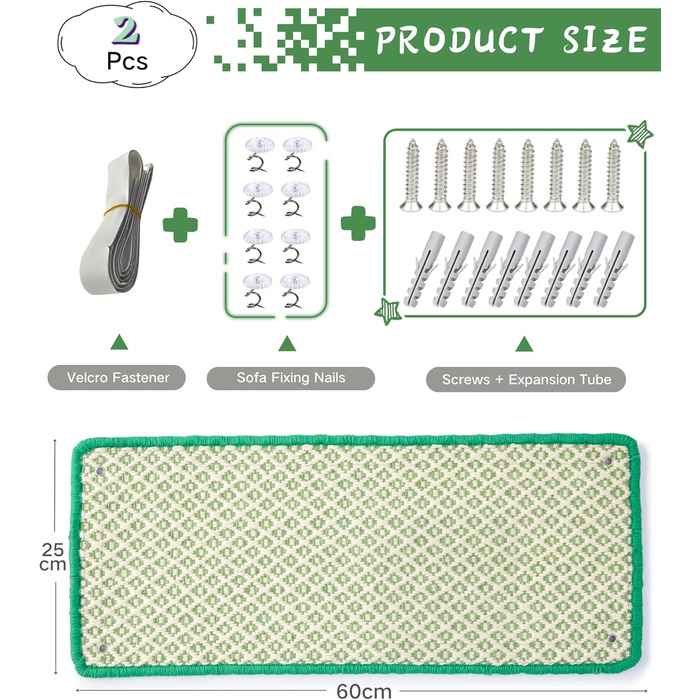 Килимок для дряпання котів JanYoo, сизаль, 60x25 см, 2 шт, зелений. Захист для підлоги, стін, меблів