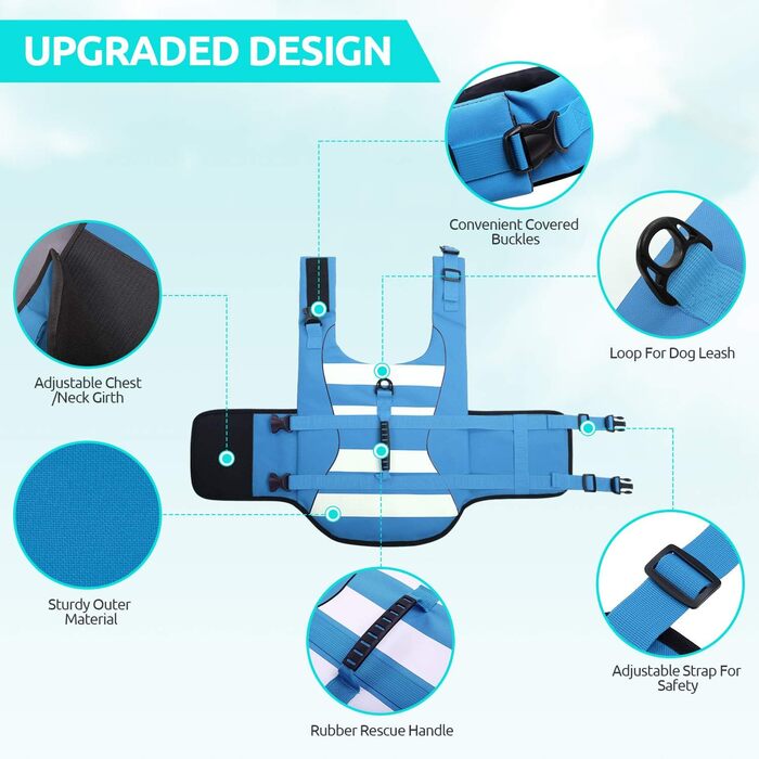 Жилет рятувальний для собак, блакитний XXL, регульований, для малих, середніх та великих собак