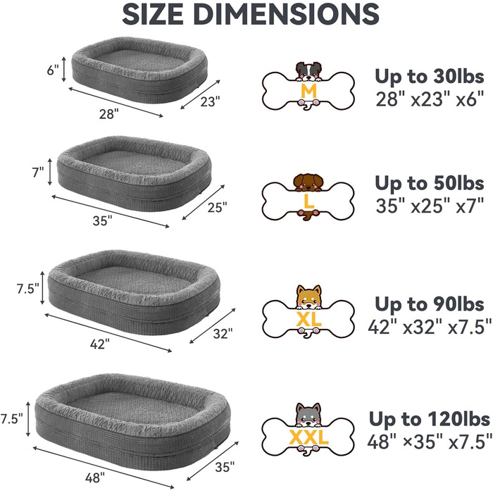 Ортопедичне ліжко для собак JOEJOY, диван для великих тварин, з підтримкою піною з ефектом пам'яті, чотиристороння подушка для шиї, розмір M (28'x 23'x 6.5') (71 x 58 x 17 см, сірий)
