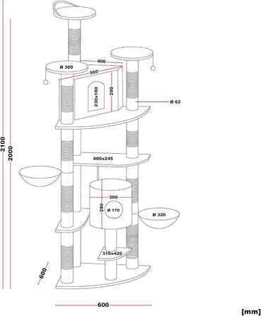 Кутовий дряпак для котів Wiltec 210 см сірий, багаторівневий котячий комплекс з будиночками, лежаками та платформами