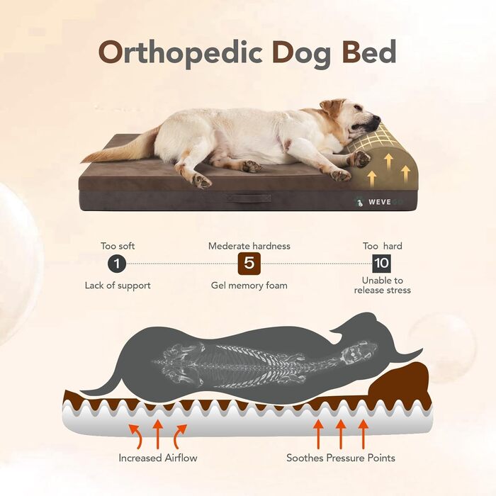 Ортопедичне ліжко для собак великих порід, 8,9 см гелевий пінополіуретан, міцний фланелевий матеріал, знімна наволочка, водонепроникний вкладиш, антиковзаюче покриття (117 x 74 x 20 см, коричневе ліжко)
