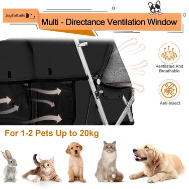 Візок для собак Joyfultails, двомісний візок для домашніх тварин та дітей, складаний візок для 2 собак та котів, двомісний переноска, візок-тандем для собак, візок для подорожей з домашніми тваринами з місцем для зберігання (Чорний)