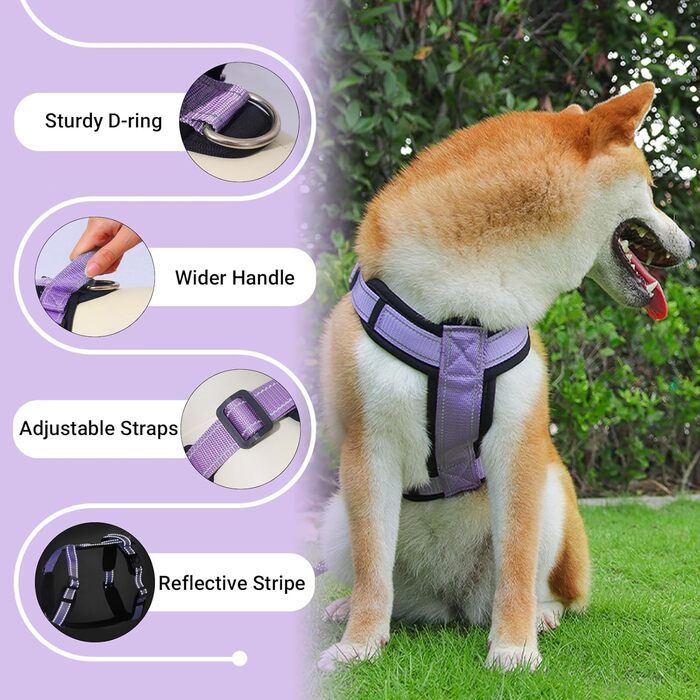 Нашийник для собак XL фіолетовий - зручний, світловідбиваючий, анти-тяга, з ручкою, для собак середніх порід