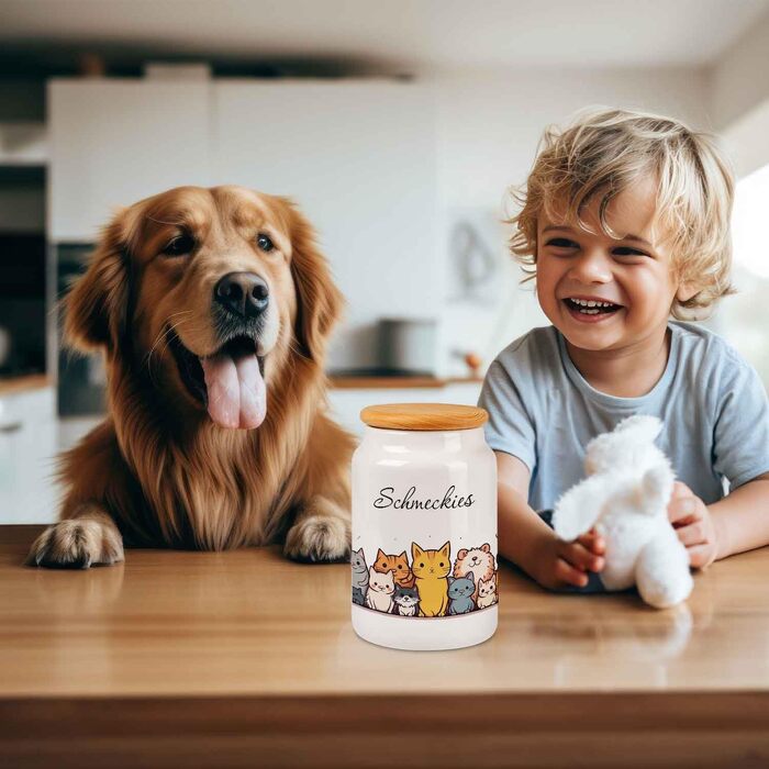 Банка для ласощів з гравіюванням з іменем для котів та собак - персоналізований подарунок для власників тварин