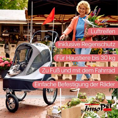 Innopet Sporty: Причіп для собак Innopet Sporty Deluxe (30 кг) - 2-в-1: бугель та причіп для велосипеда, з дощем. Чорний/Срібний