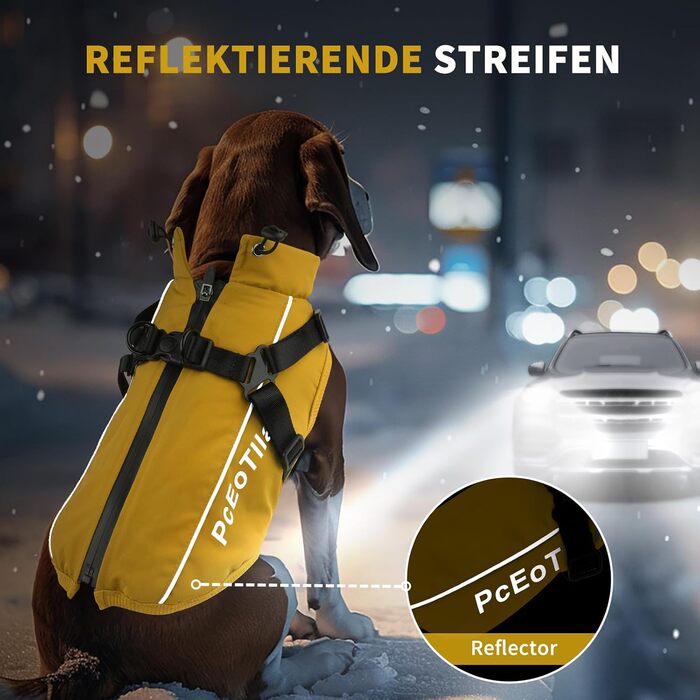 Теплий зимовий одяг для собак: жовтий пуловер/манта XL для маленьких собак, з відбиваючими елементами та дзвінком