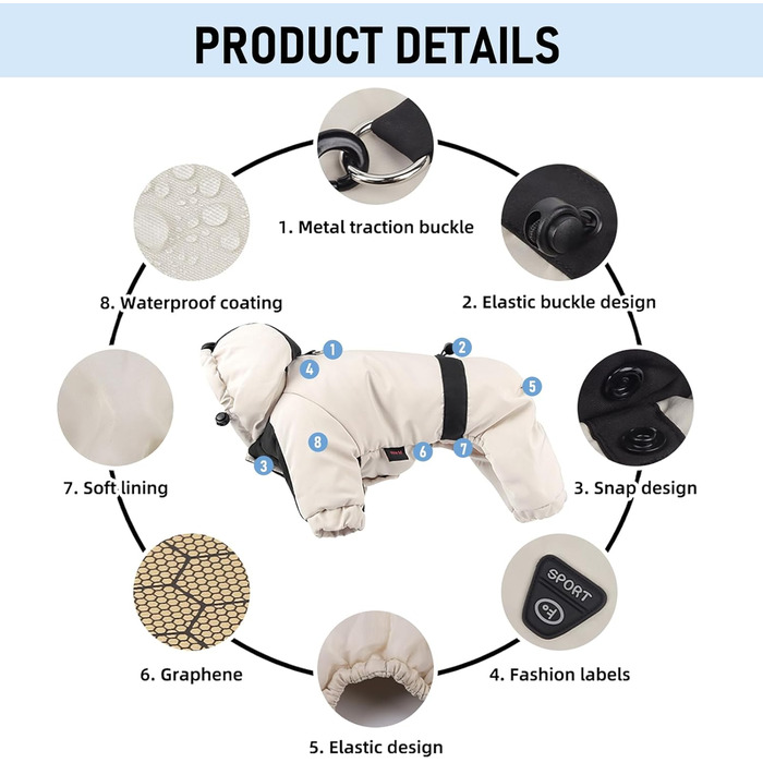 Водонепроникний зимовий теплий халат для собак з капюшоном, повний халат, захист від снігу, регульований (Бежевий, M)