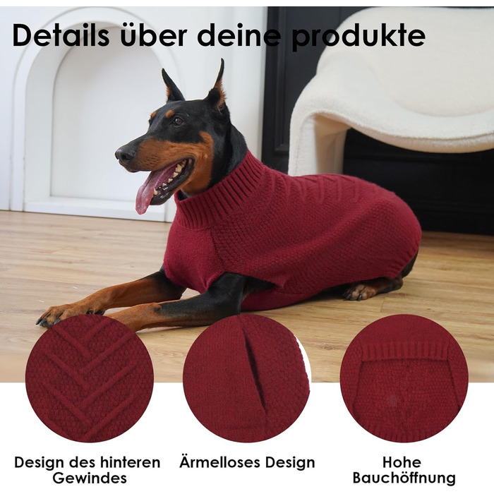 Пуловер для собак великих порід, 68 см довжина спини, в'язаний пуловер для собак, теплий матеріал, теплий одяг для домашніх тварин на зиму, пуловер для німецької доги, червоний, 4XL XXXXL