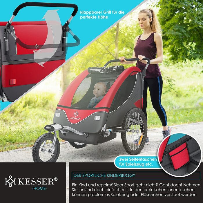 Дитячий причіп KESSER® 2в1 для велосипеда з поворотним з'єднанням 360° та амортизацією. Підходить для 1-2 дітей (до 40 кг), з 5-точковим ременем безпеки та прапором.