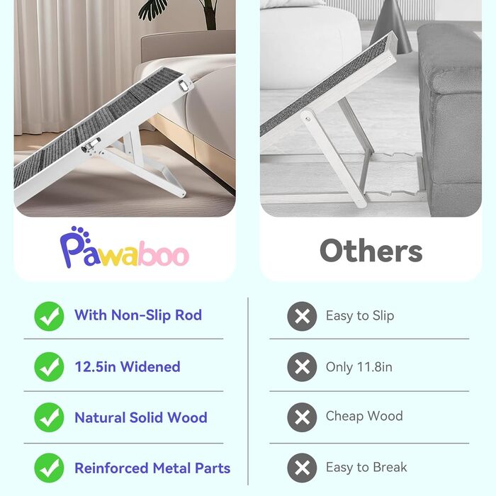 Рампа для собак Pawaboo, дерев'яна сходинка для домашніх тварин, 4 регульовані висоти (13,6'-21'), для маленьких собак та котів, з антиковзним покриттям, (80x30 см, білий)