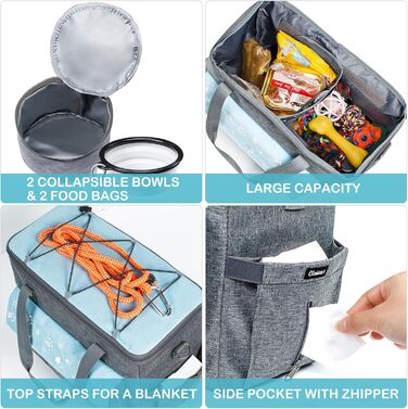 CLAWIST Сумка для собак, переноска для подорожей, XL, сіра/блакитна. З контейнерами для корму та складеними мисками