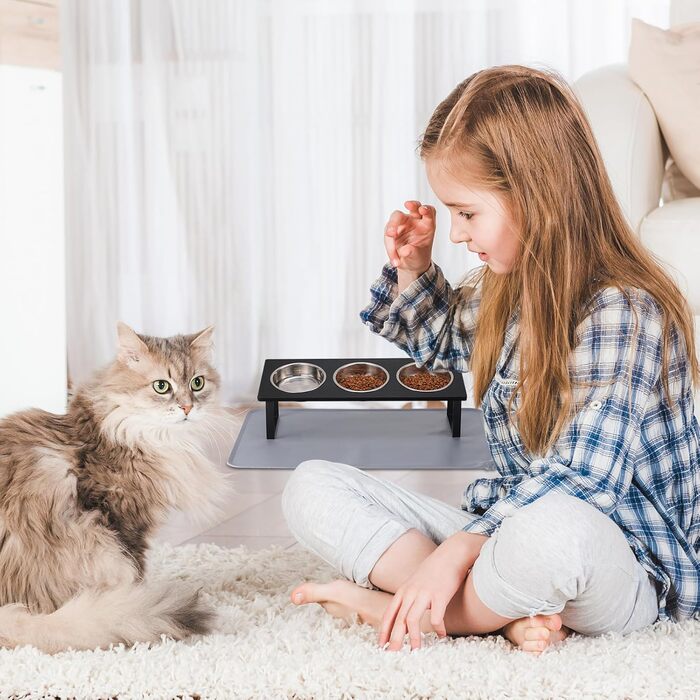 Підвищена годівниця для котів з килимком, нахилена під кутом 15°, миска для їжі та води, що запобігає блювоті, 2 шт. з нержавіючої сталі для котів та цуценят (Сірий) Сірий-2 миски (Чорний-3 миски)