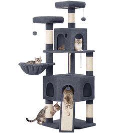 Кігтеточка для котів Hzuaneri, 174 см, XL, 2 платформи, 2 печери, 4 стовпчики, дошка для заточування кігтів, мотузка з сизалю, плюшеві кульки, для багатокотових сімей, MS17418LG (Темно-сірий)