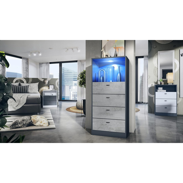 Комод Vladon Pino V3 з LED підсвіткою, 4 шухляди, відкрита полиця, антрацит матовий, бетон, 56x125x36 см, Німеччина