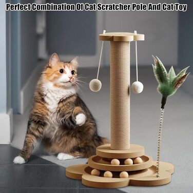 GOMETY Іграшка для котів 4-в-1 з дерева: ролики, обертовий диск, дряпка з сизалю, м'ячики з котячою м'ятою, 40 см
