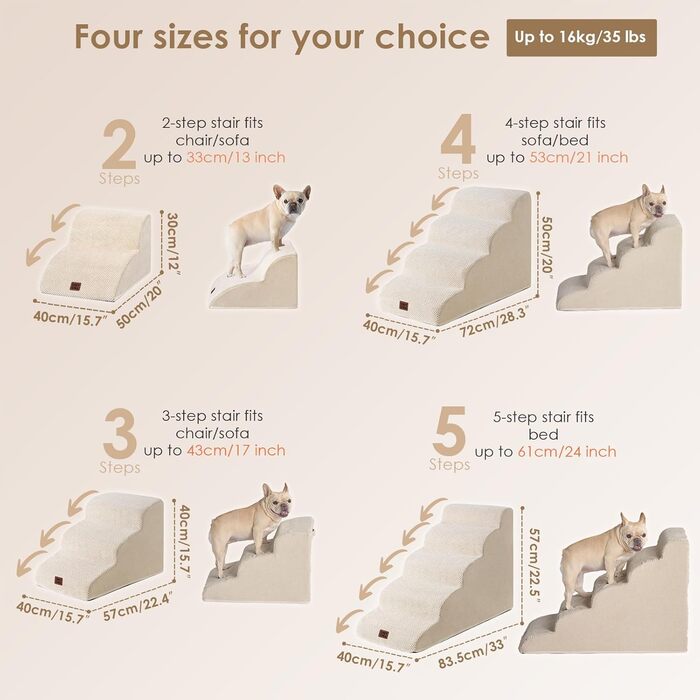 Сходинки для собак EHEYCIGA: компактні та зручні для маленьких собак, 40 см заввишки, 3 сходинки, з миючим покриттям та антиковзким покриттям, бежевий колір (40 x 57 x 40 см)