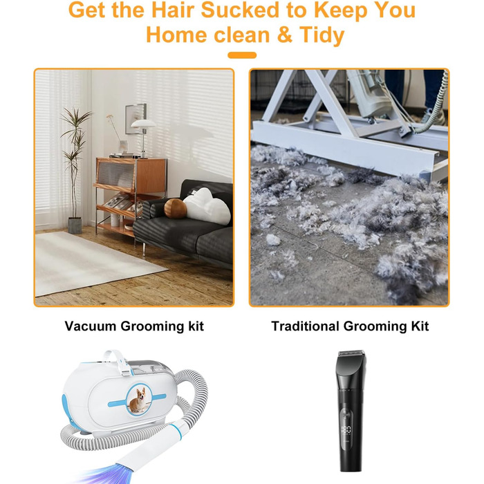 WHDPETS Машинка для стрижки собак зі збором шерсті, 2L контейнер для сміття, 45 dB, потужне всмоктування 9000 Pa, видаляє 99.99% шерсті, 4-в-1 для собак та котів