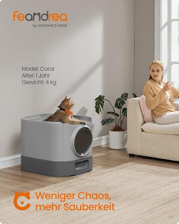 Туалет для котів Feandrea XXL з кришкою, висувним лотком, совком і щіткою, для котів різних розмірів, мінімум слідів, сіро-графітовий