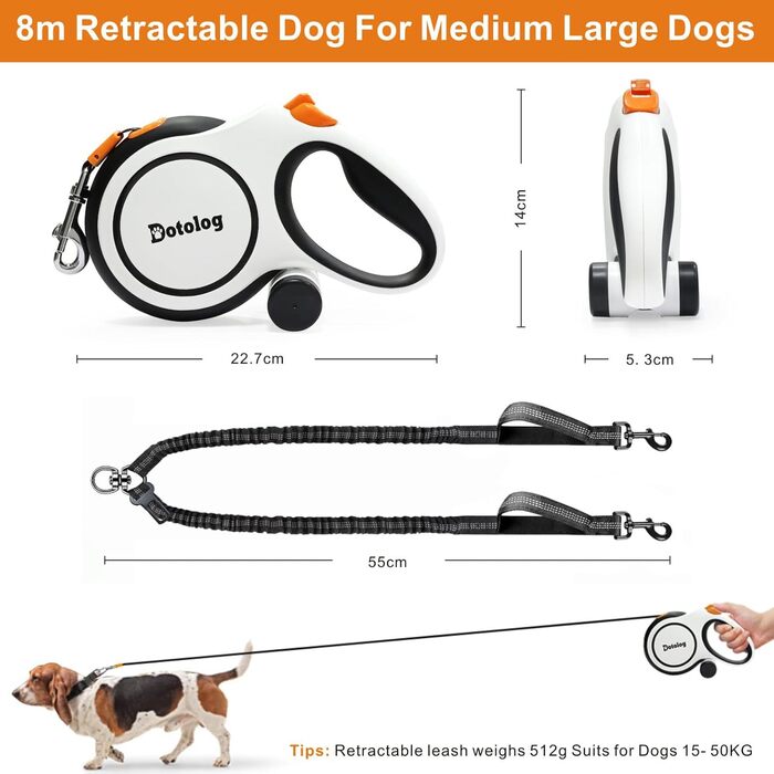 Рулетка для собак Dotolog, 8м, чорна - висувна повідка з подвійною лінією та запобіжною пряжкою