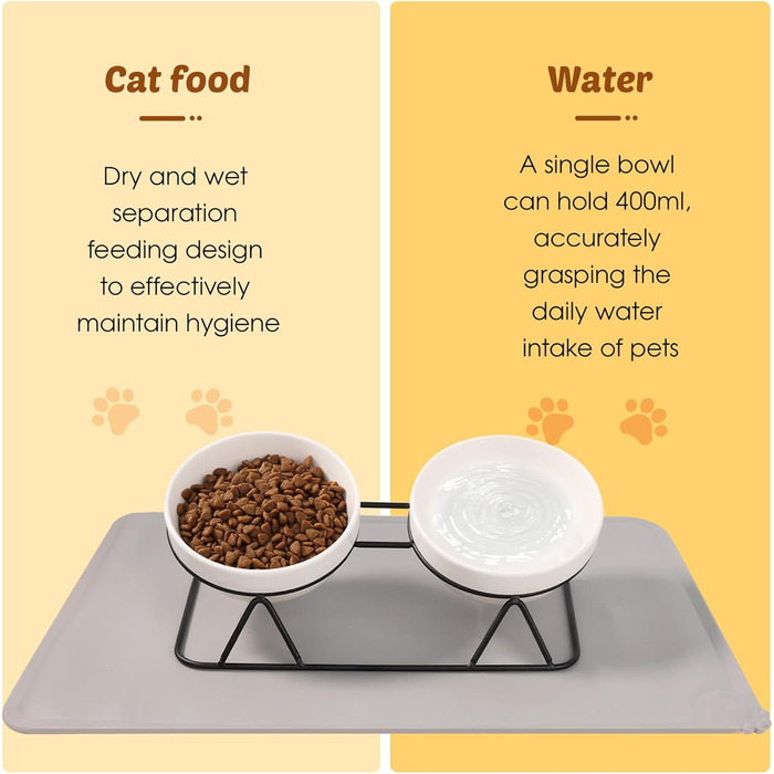 Набір мисок для котів Vikcvcs 2 шт. з кераміки, з металевим кріпленням та силіконовим підставкою, 15° нахил, ергономічна годівниця для котів та маленьких собак