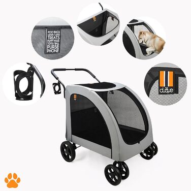 Візок для собак Честер - візок для великих собак, котів, зручний, складний, з дощем та тримачем для напоїв, вантажопідйомність 50 кг (Сірий)