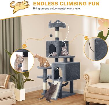 Кігтеточка YITAHOME XXL для котів, 137 см, сіра: 8 стовпів з сизалю, 3 платформи, 2 печери, гамак, іграшки