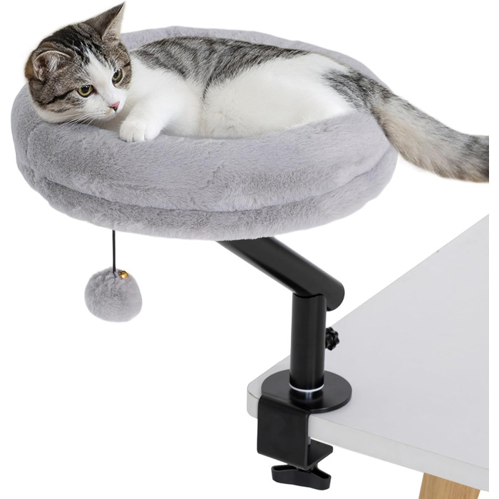 Ліжко-стіл для котів PawHut: обертається на 360°, регульована висота, знімний та пральний чохол, для котів до 6 кг, для дому та офісу, кремово-білий (сірий)