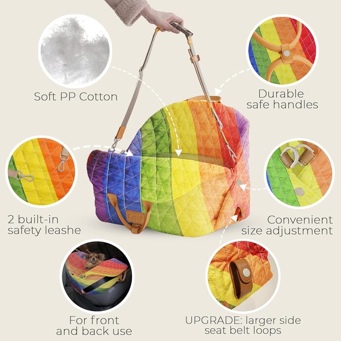 Автокрісло для собак - 3 в 1: сумка для подорожей, бустер та ліжко для автомобіля. Зручне, миється, з неслизькими ременями безпеки. Підходить для передніх та задніх сидінь. Для маленьких собак (радужний колір)