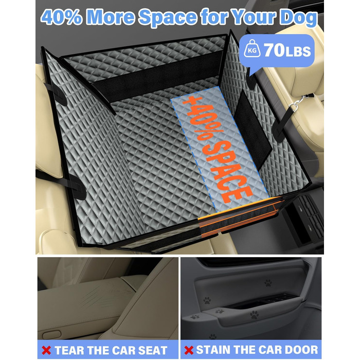 Автомобільний сидіння для собак великих порід, подовжувач заднього сидіння, складаний, водовідштовхувальне оксфордське полотно, неслизьке дно, захист по периметру, міцна підтримка, сірий
