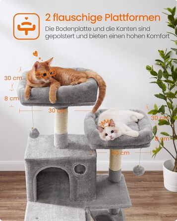 Багатоповерховий котячий будиночок Feandrea з 13 стовпчиками для дряпання, 2 платформами, 2 печерами, гамаком та іграшками, 168 см, сірий